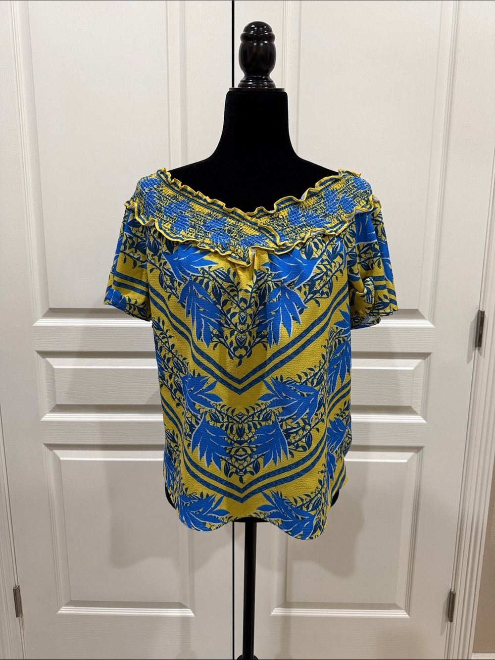 Jealous Tomato Blue and Yellow Off-Shoulder Ruffle Blouse